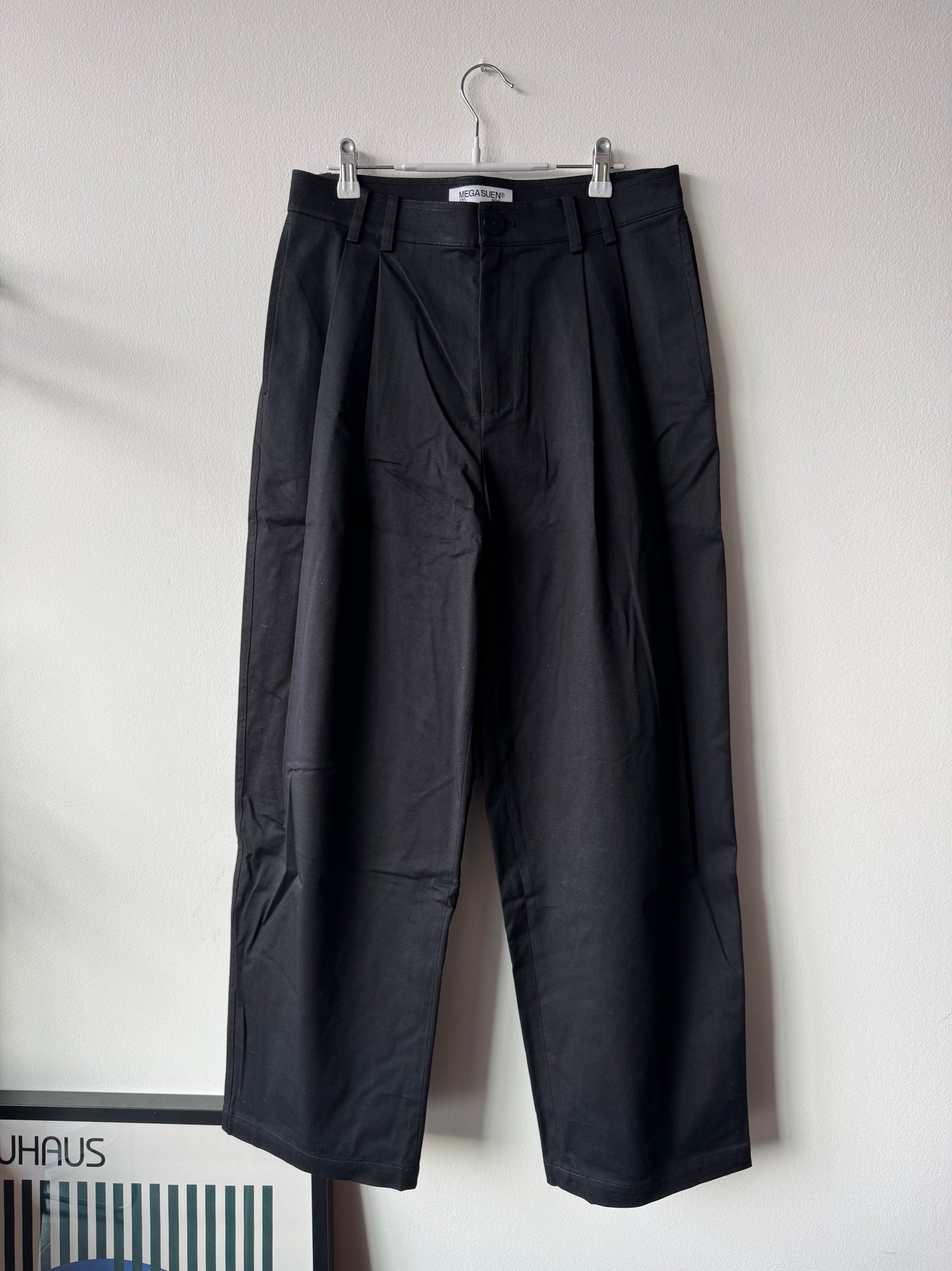 MEGASUEN Double Pleated Wide Leg Trousers - Black (Size: 31)