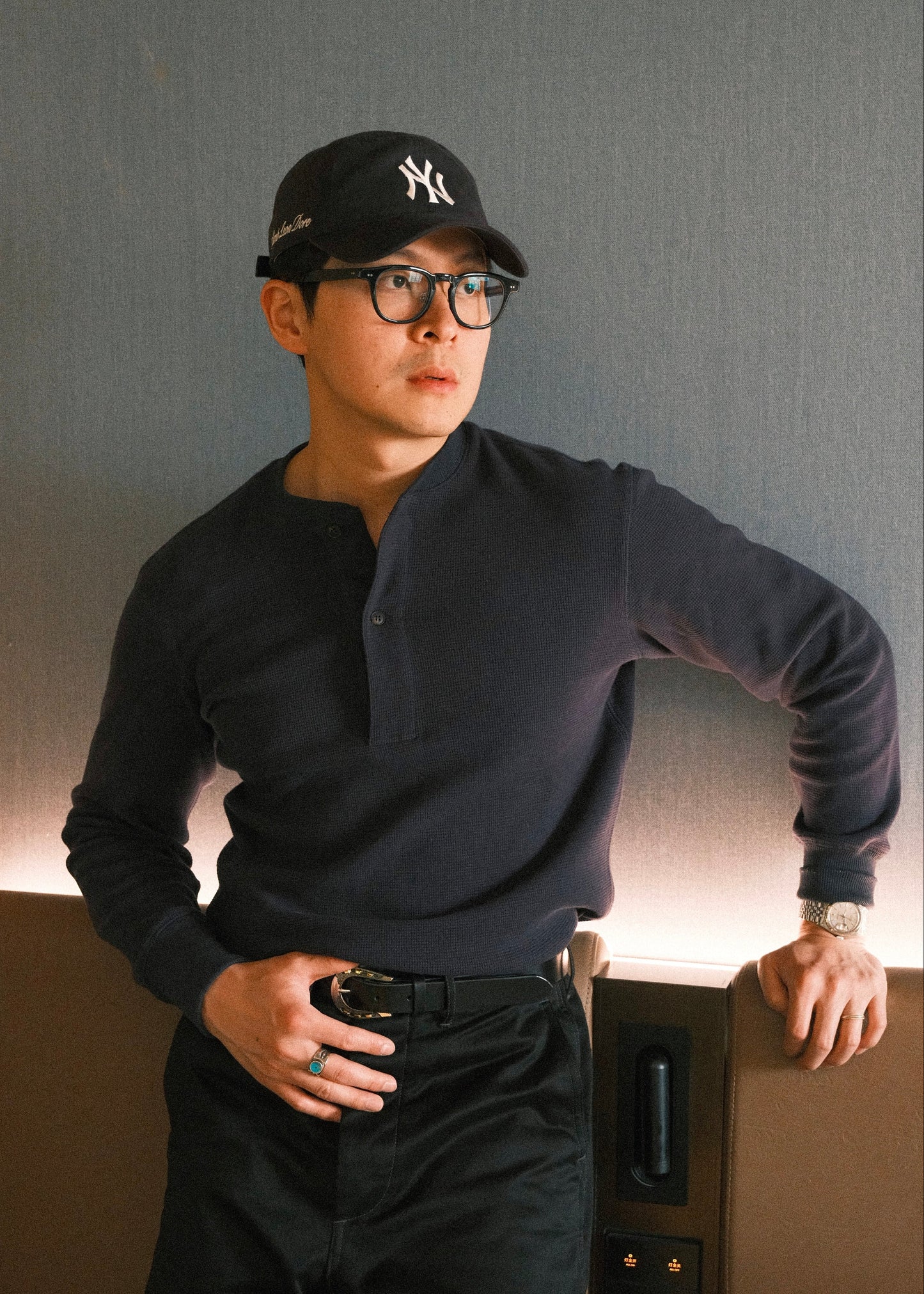Waffle Knit Henley - Navy Blue