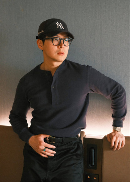 Waffle Knit Henley - Navy Blue