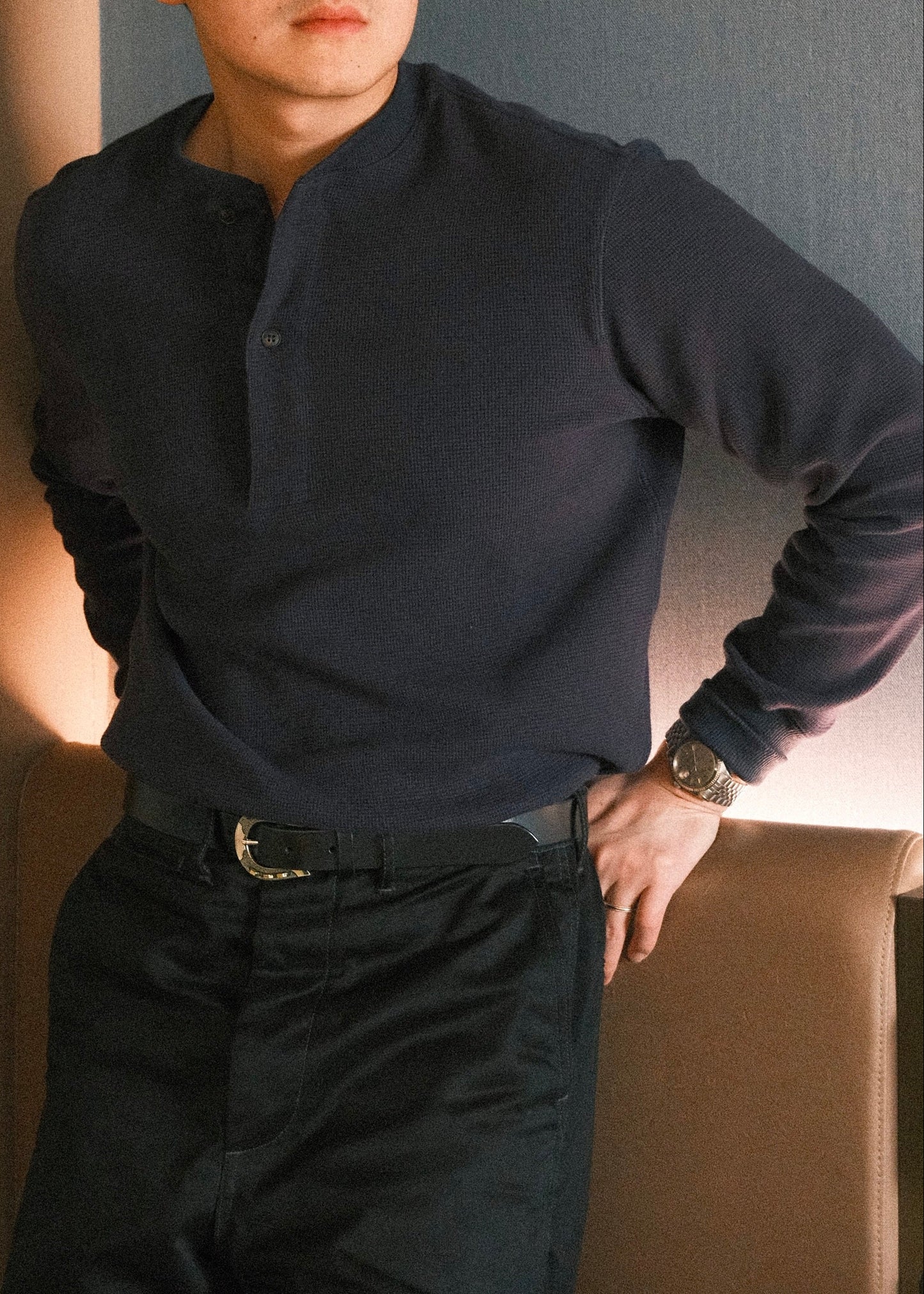 Waffle Knit Henley - Navy Blue