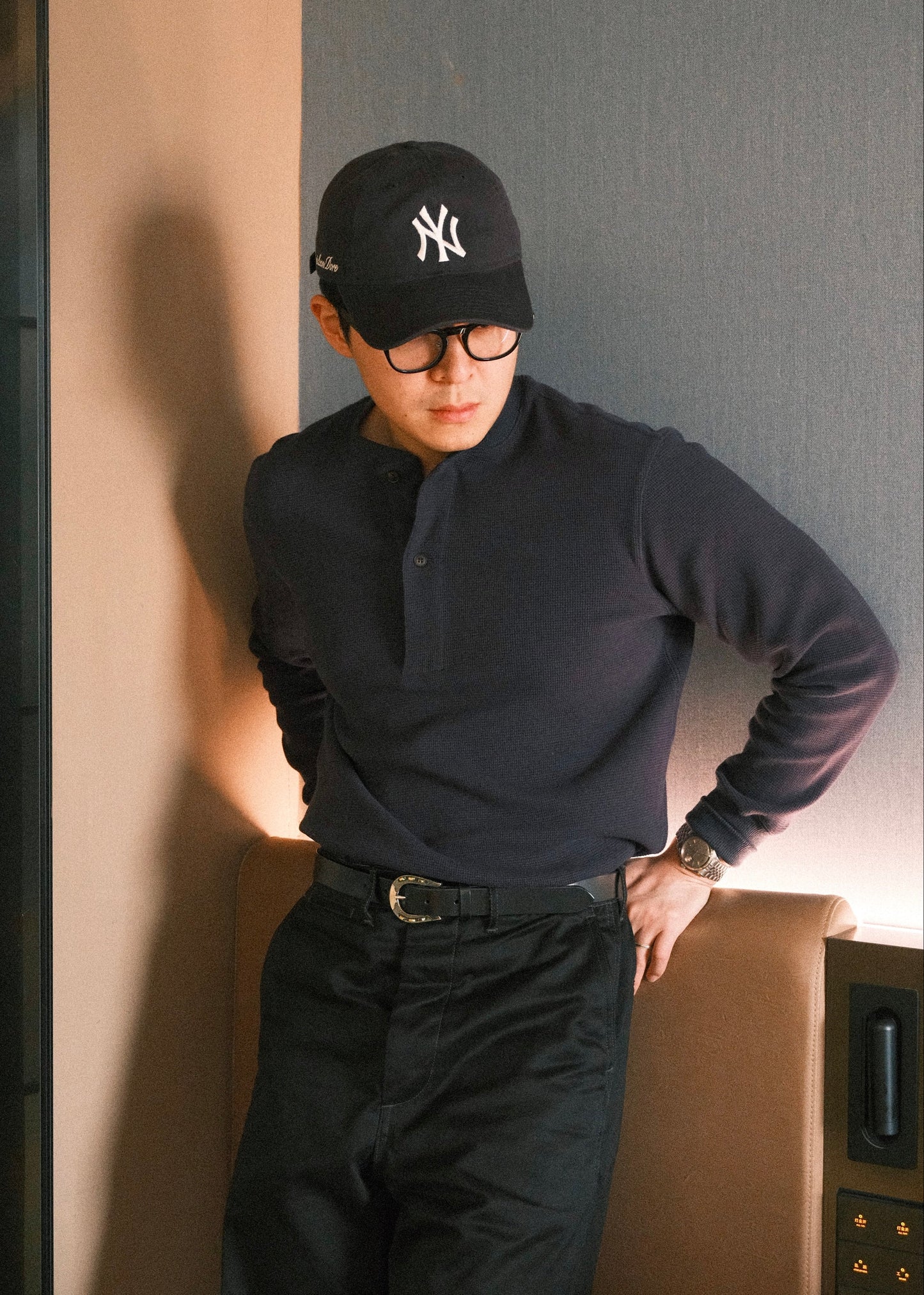 Waffle Knit Henley - Navy Blue