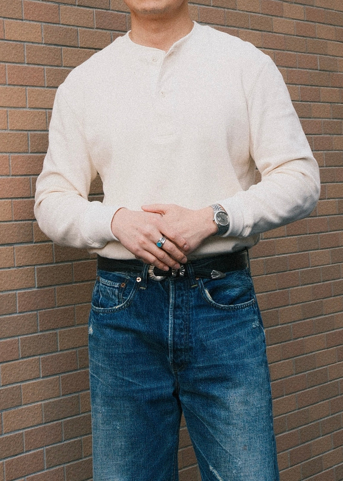 Waffle Knit Henley - Cream White