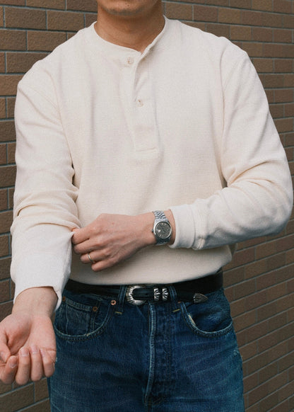 Waffle Knit Henley - Cream White