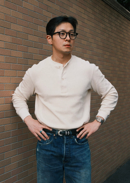 Waffle Knit Henley - Cream White