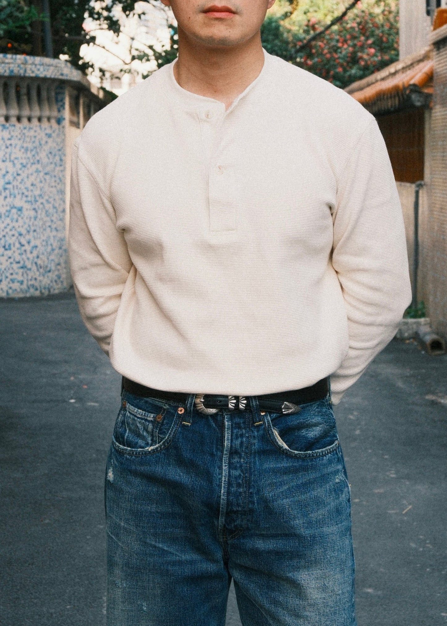 Waffle Knit Henley - Cream White