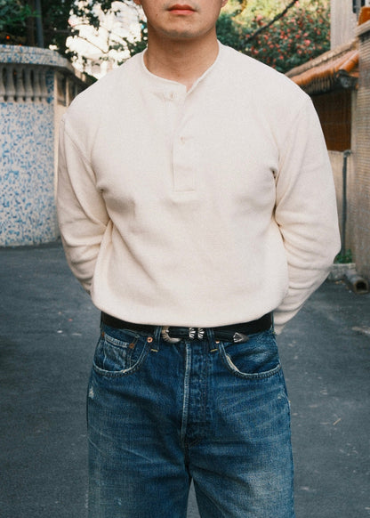 Waffle Knit Henley - Cream White