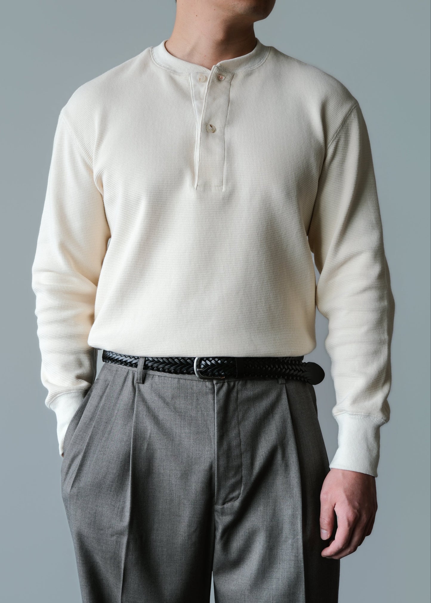 Waffle Knit Henley - Cream White