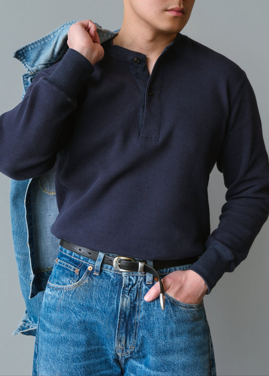 Waffle Knit Henley - Navy Blue