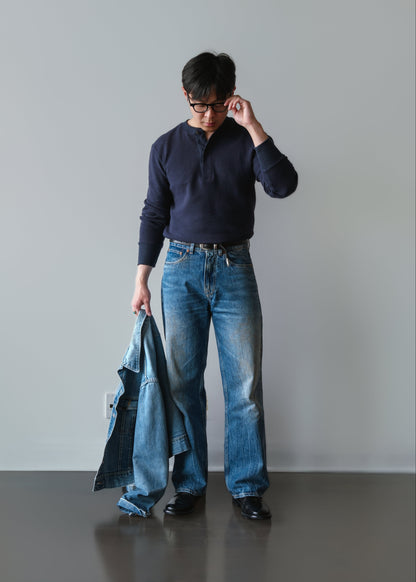 Waffle Knit Henley - Navy Blue