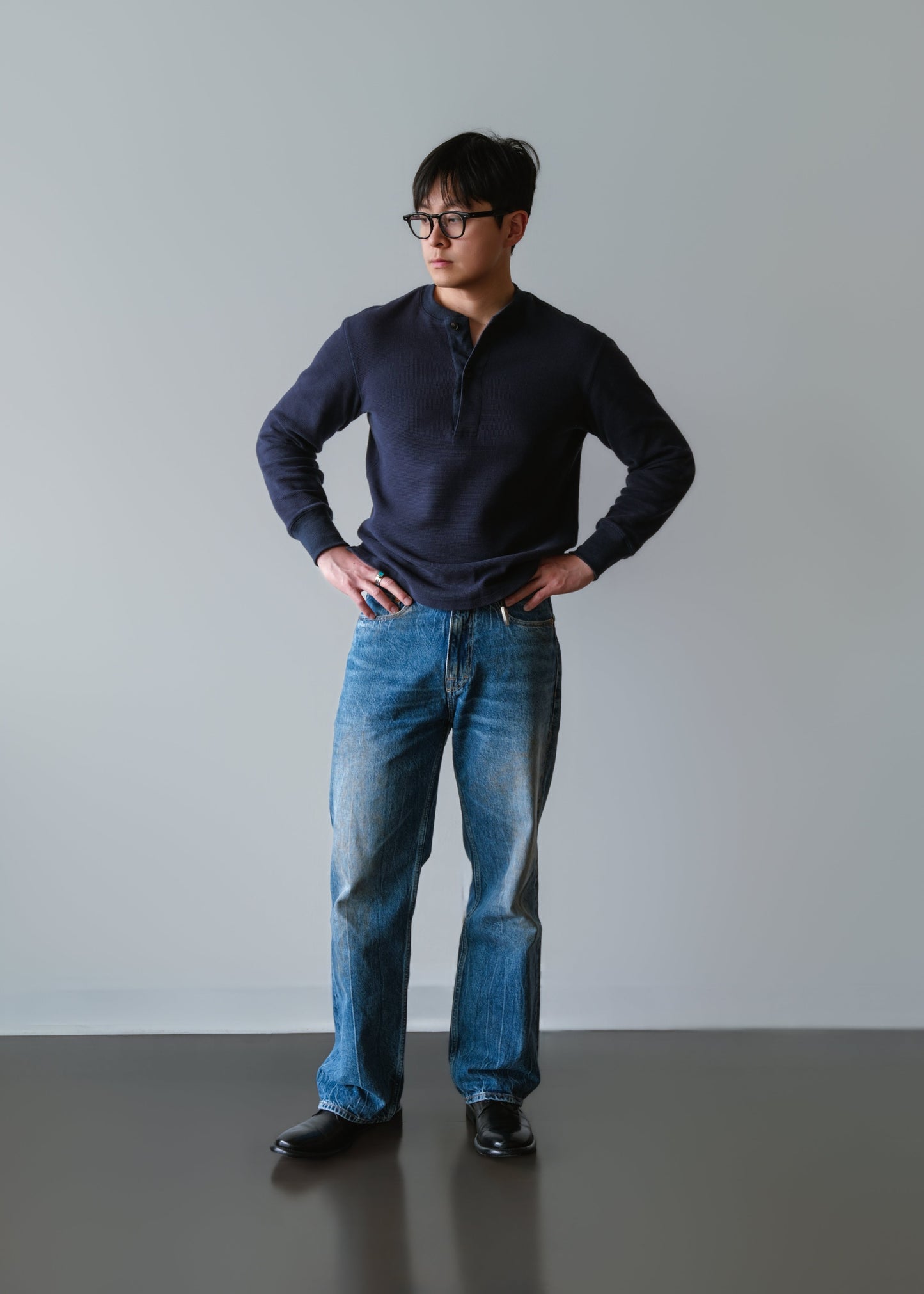 Waffle Knit Henley - Navy Blue