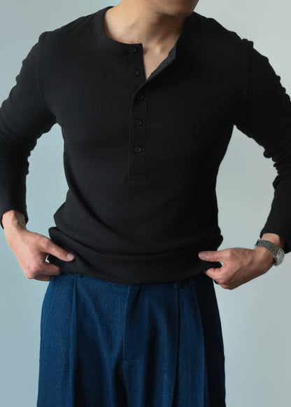Slim-Fit Ribbed Henley Shirt - Jet Black