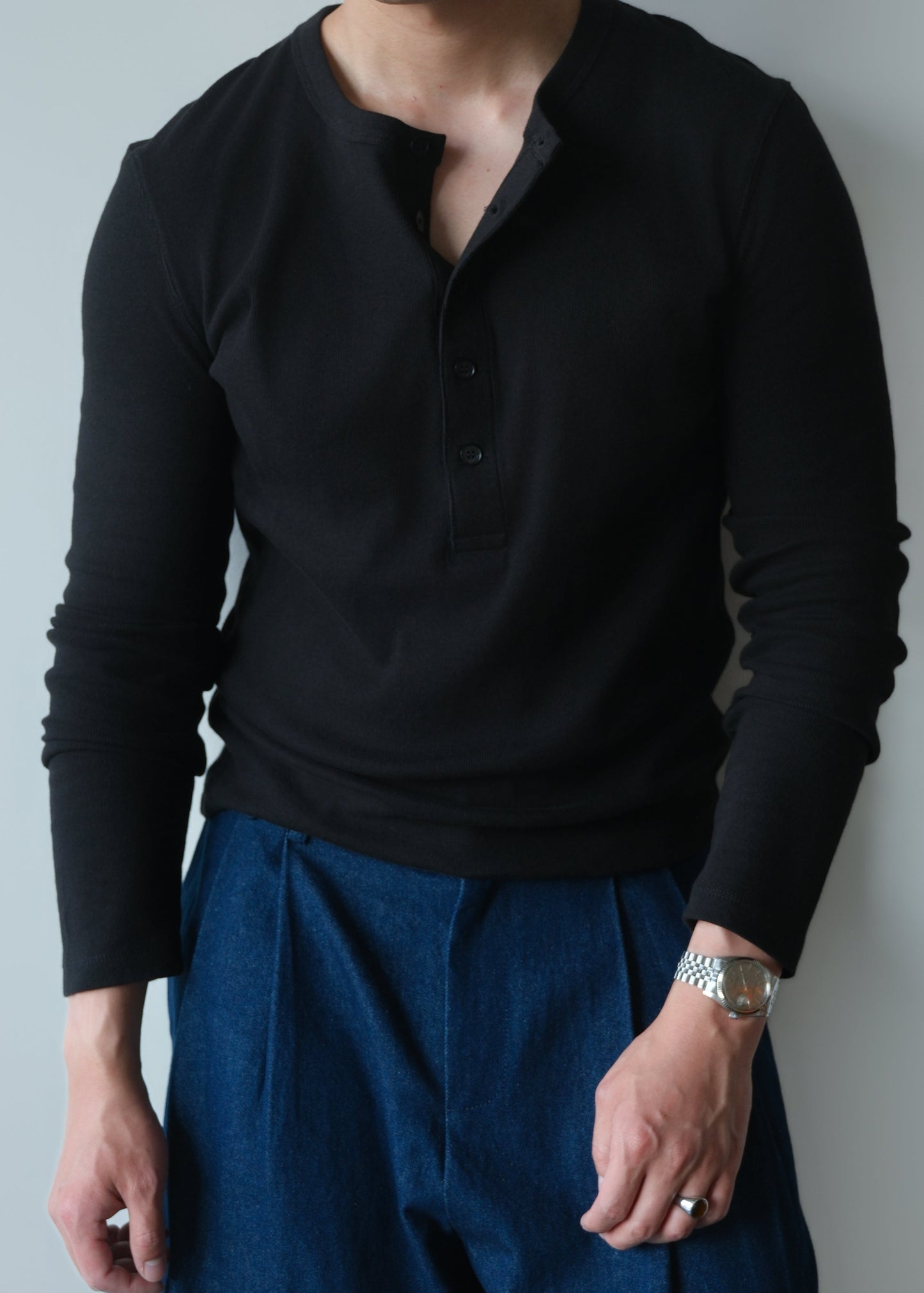 Slim-Fit Ribbed Henley Shirt - Jet Black