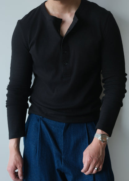 Slim-Fit Ribbed Henley Shirt - Jet Black