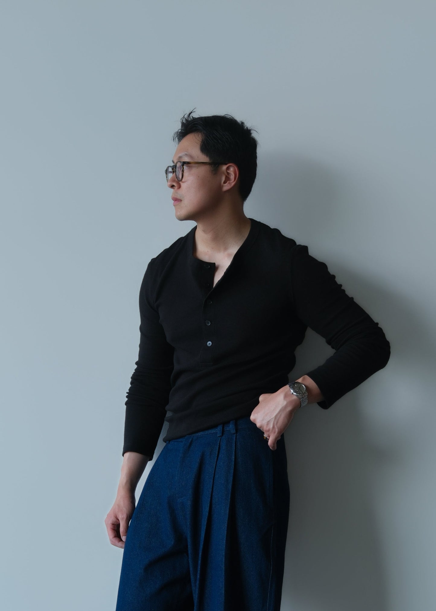 Slim-Fit Ribbed Henley Shirt - Jet Black