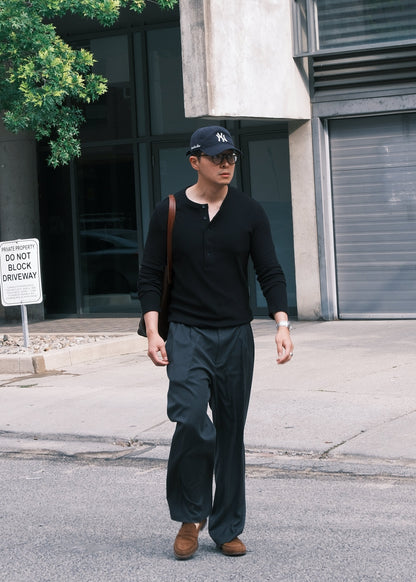 Slim-Fit Ribbed Henley Shirt - Jet Black