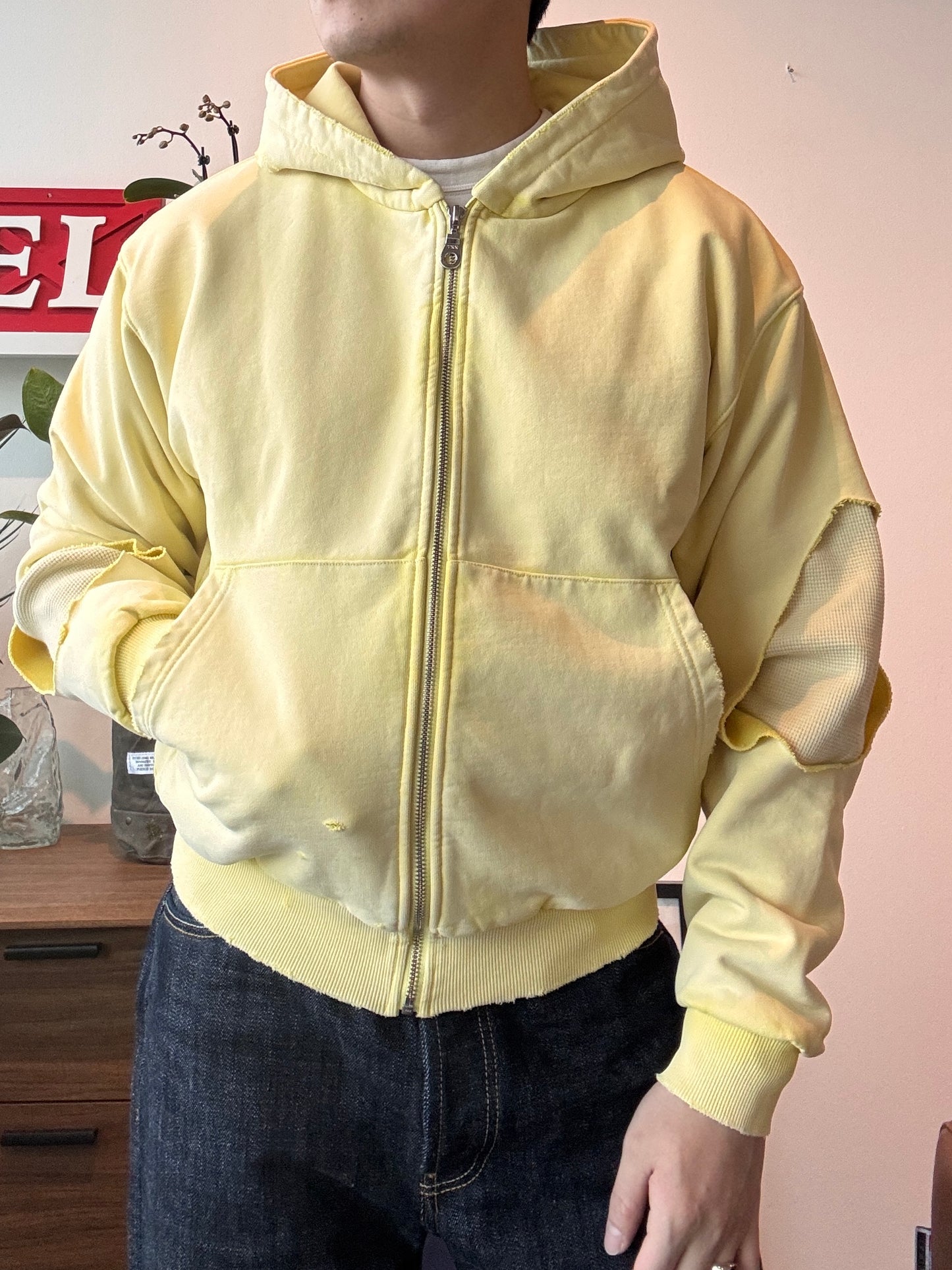 AZUL MARINO Yellow Distressed Heavyweight Hoodie (Size: M)
