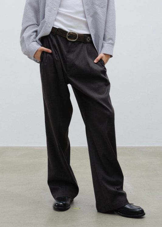 Double Pleated Wide Leg Trousers - Dark Grey