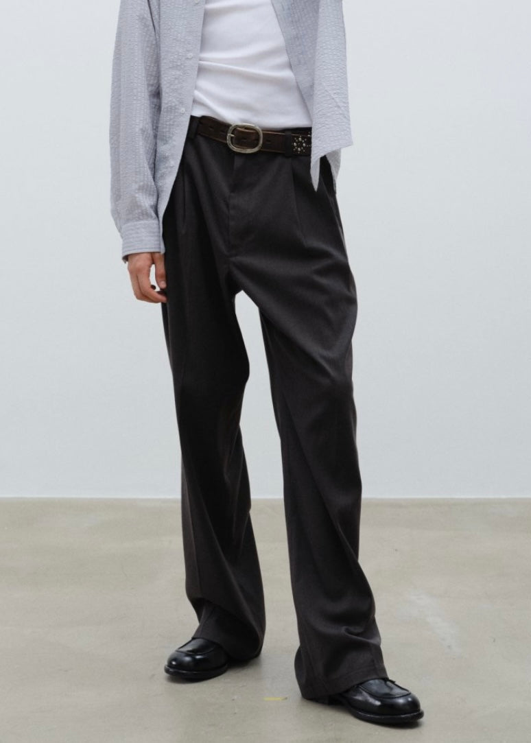 Double Pleated Wide Leg Trousers - Dark Grey