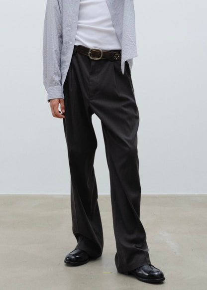 Double Pleated Wide Leg Trousers - Dark Grey
